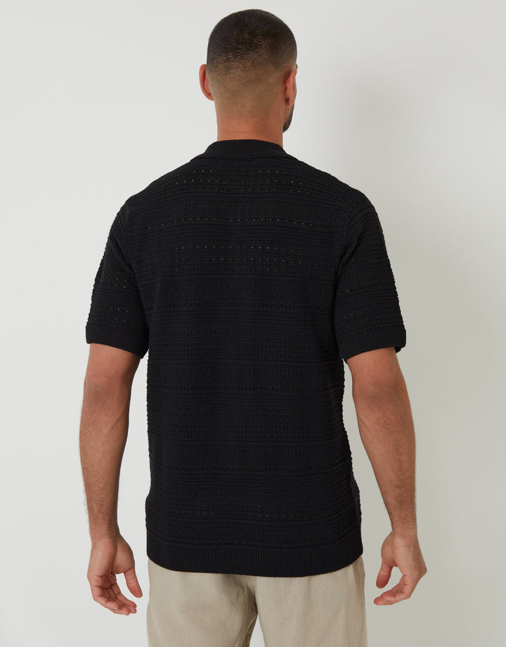 Black Textured Knitted Button Through Polo Shirt