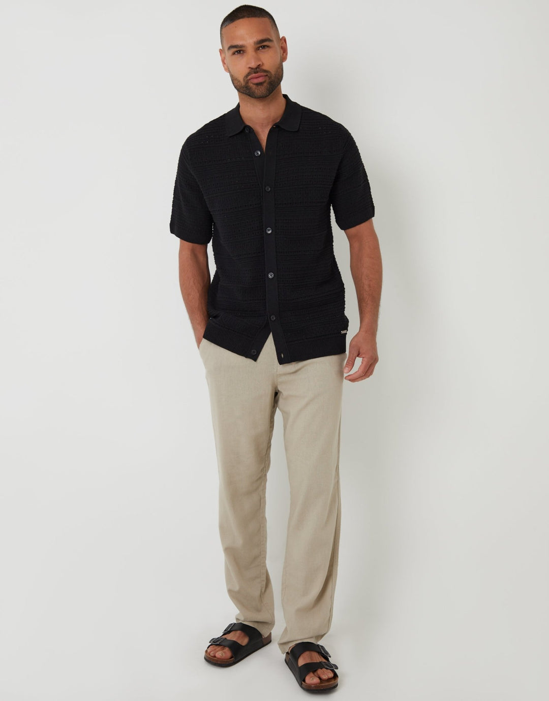 Threadbare Crown Threadbare Men's Black Textured Knitted Button Through Polo Shirt