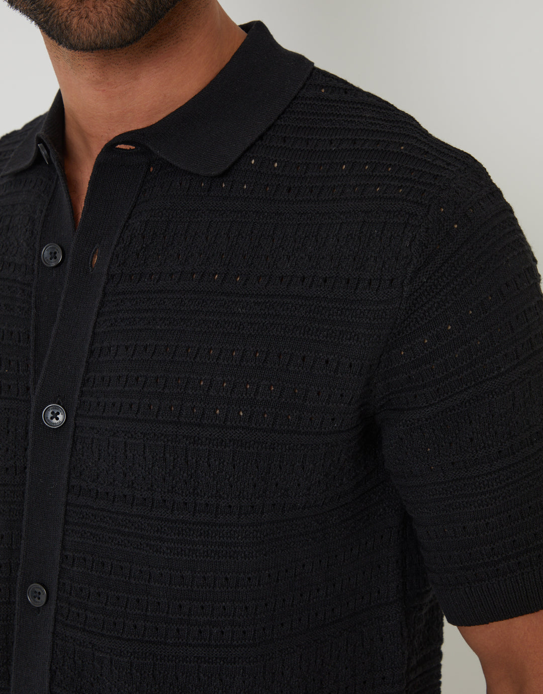Black Textured Knitted Button Through Polo Shirt