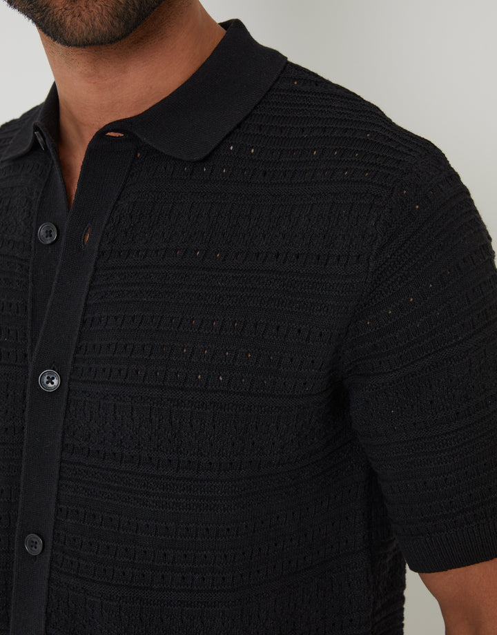 Black Textured Knitted Button Through Polo Shirt