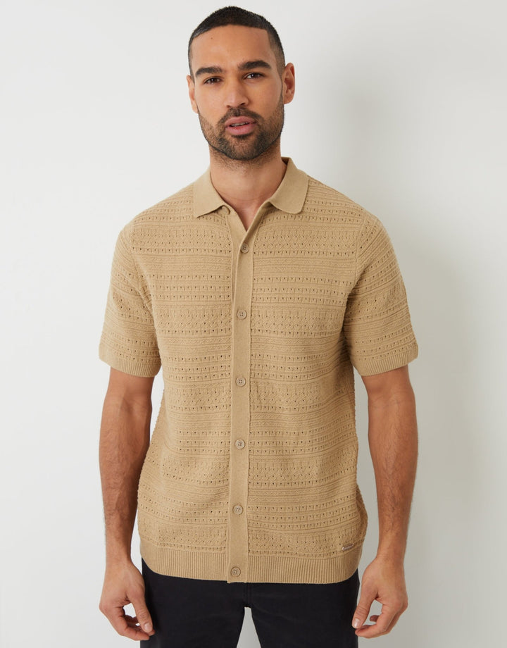 Textured Knitted Button Through Polo Shirt in Brown