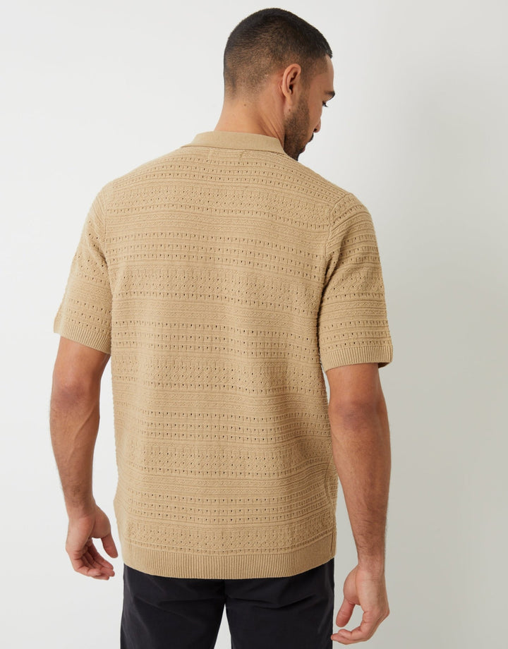 Textured Knitted Button Through Polo Shirt in Brown