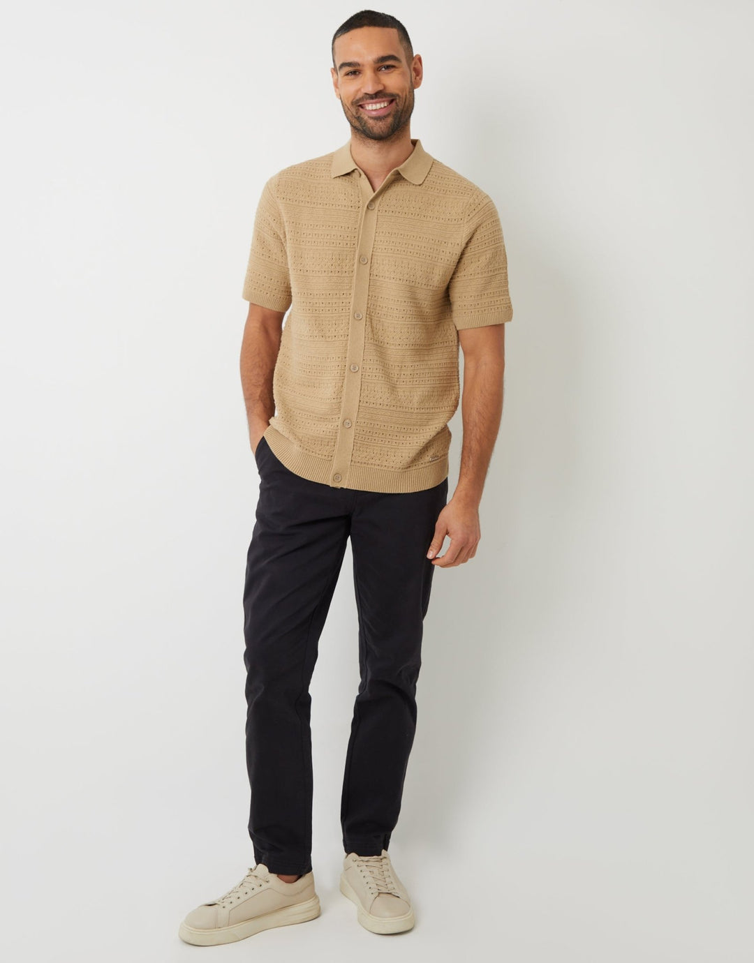 Textured Knitted Button Through Polo Shirt in Brown