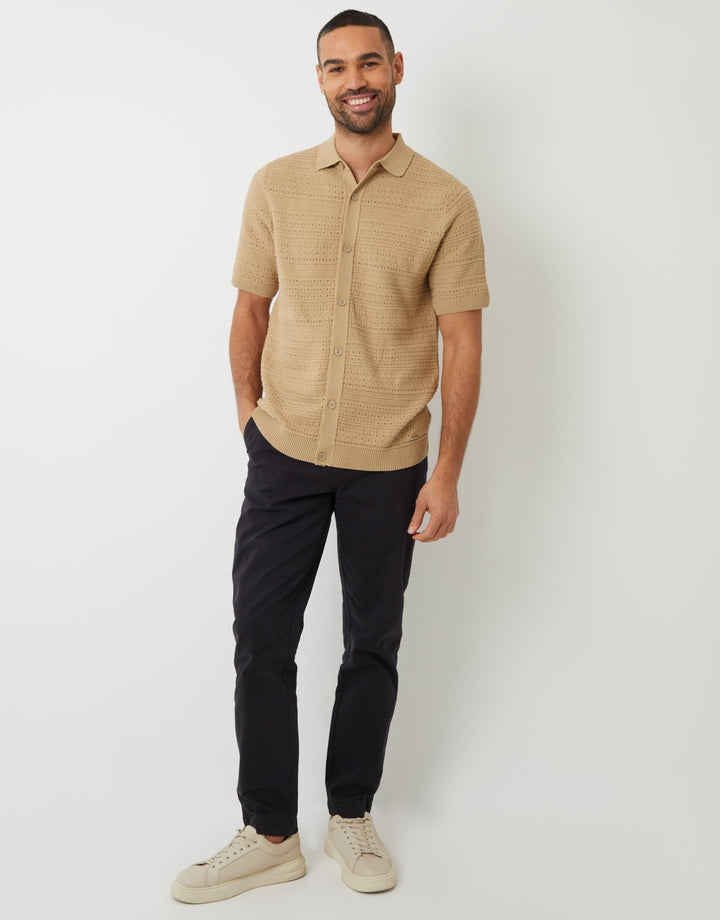 Textured Knitted Button Through Polo Shirt in Brown