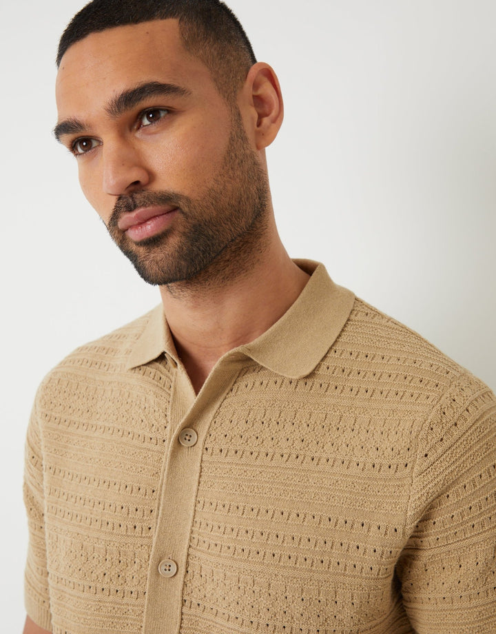 Textured Knitted Button Through Polo Shirt in Brown