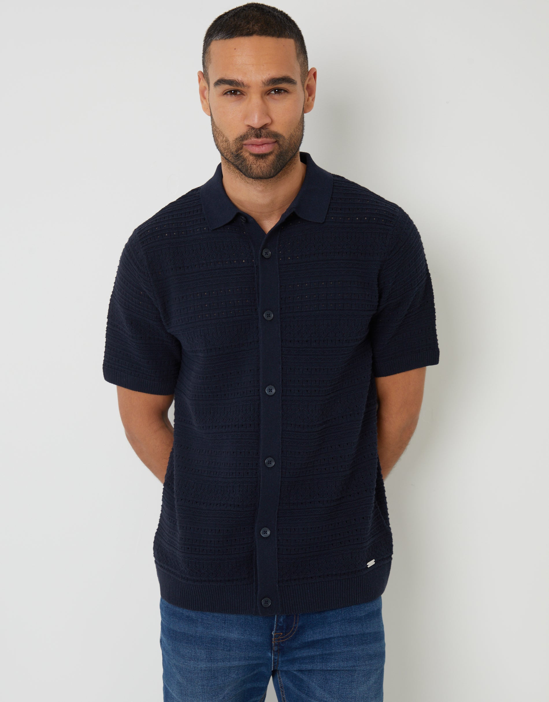Threadbare Crown Threadbare Men's Navy Textured Knitted Button Through Polo Shirt