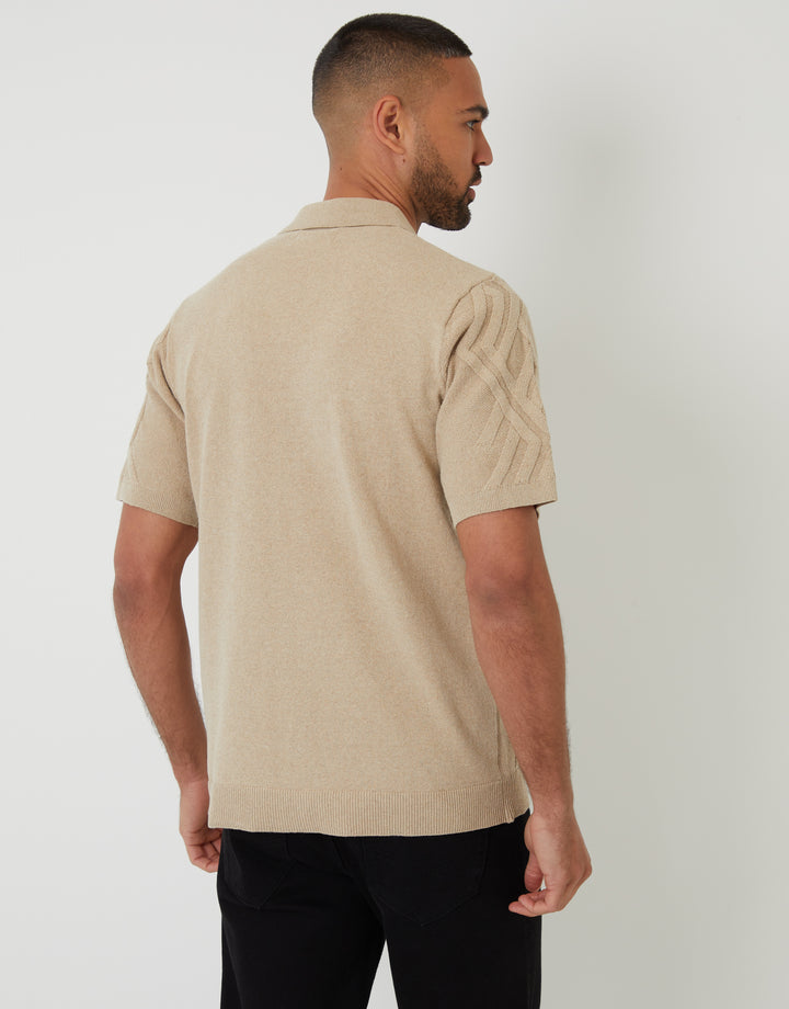 Beige Cable Knit Button Through Polo Shirt