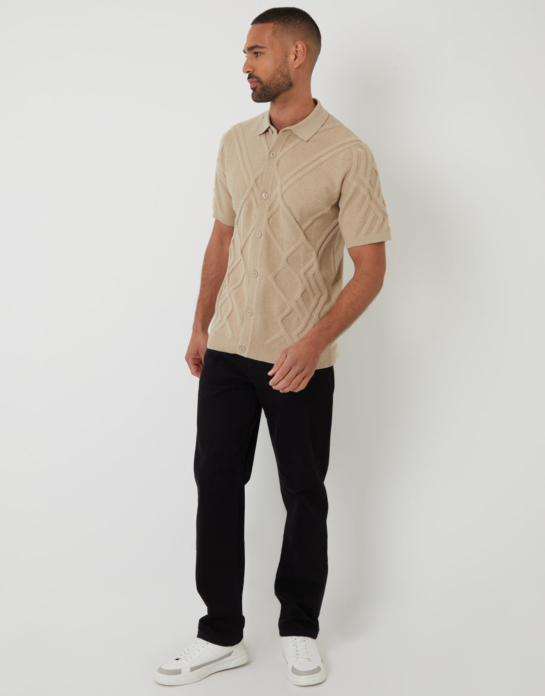 Beige Cable Knit Button Through Polo Shirt