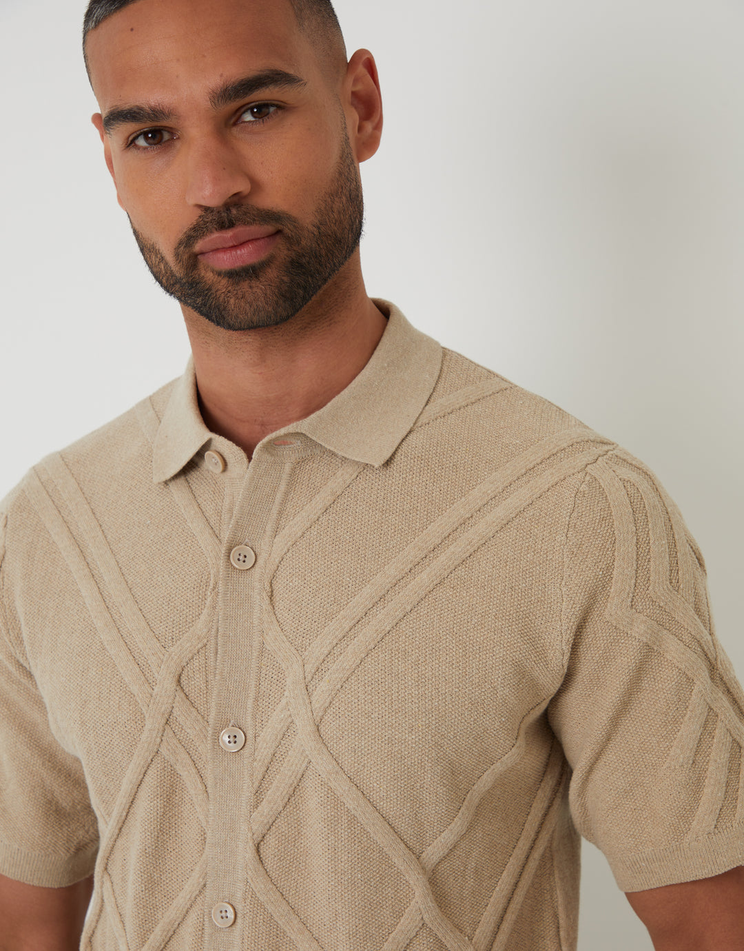 Beige Cable Knit Button Through Polo Shirt
