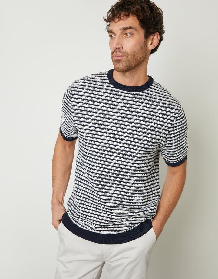 Navy Stripe Textured Knitted T-Shirt