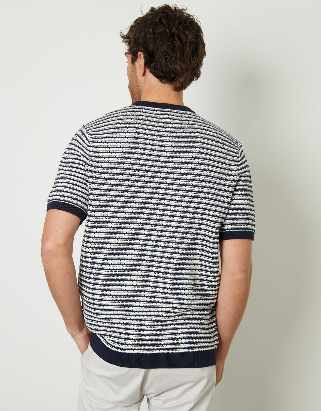 Navy Stripe Textured Knitted T-Shirt
