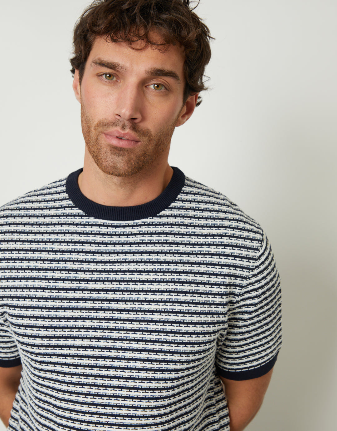 Navy Stripe Textured Knitted T-Shirt