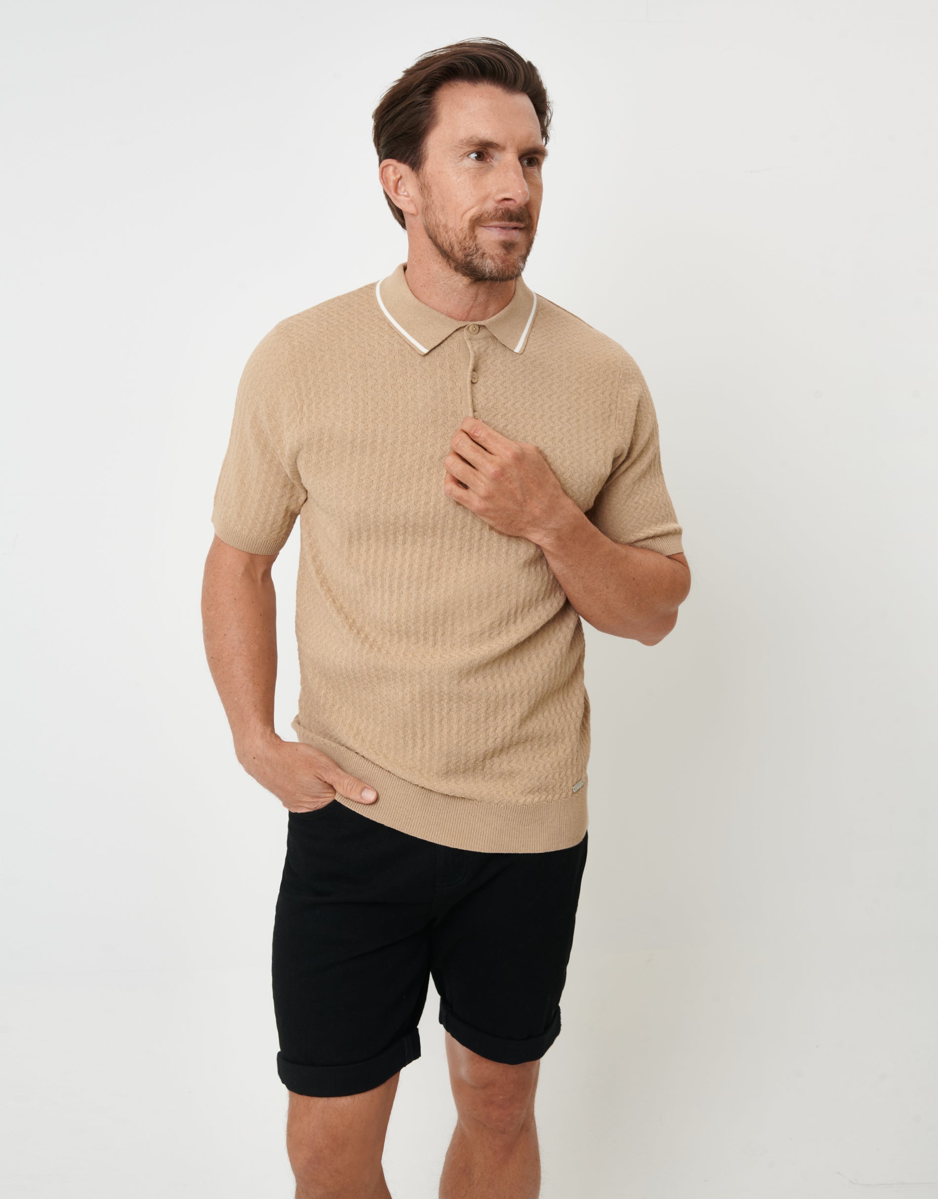 Threadbare Shaw Threadbare Men's Brown Textured Front Tipping Collar Knitted Polo