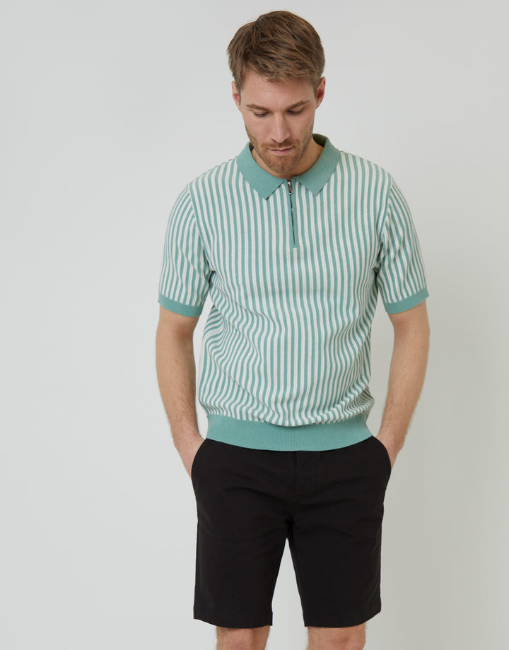 Sage Green Striped Textured Quarter Zip Knitted Polo