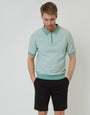 Sage Green Striped Textured Quarter Zip Knitted Polo