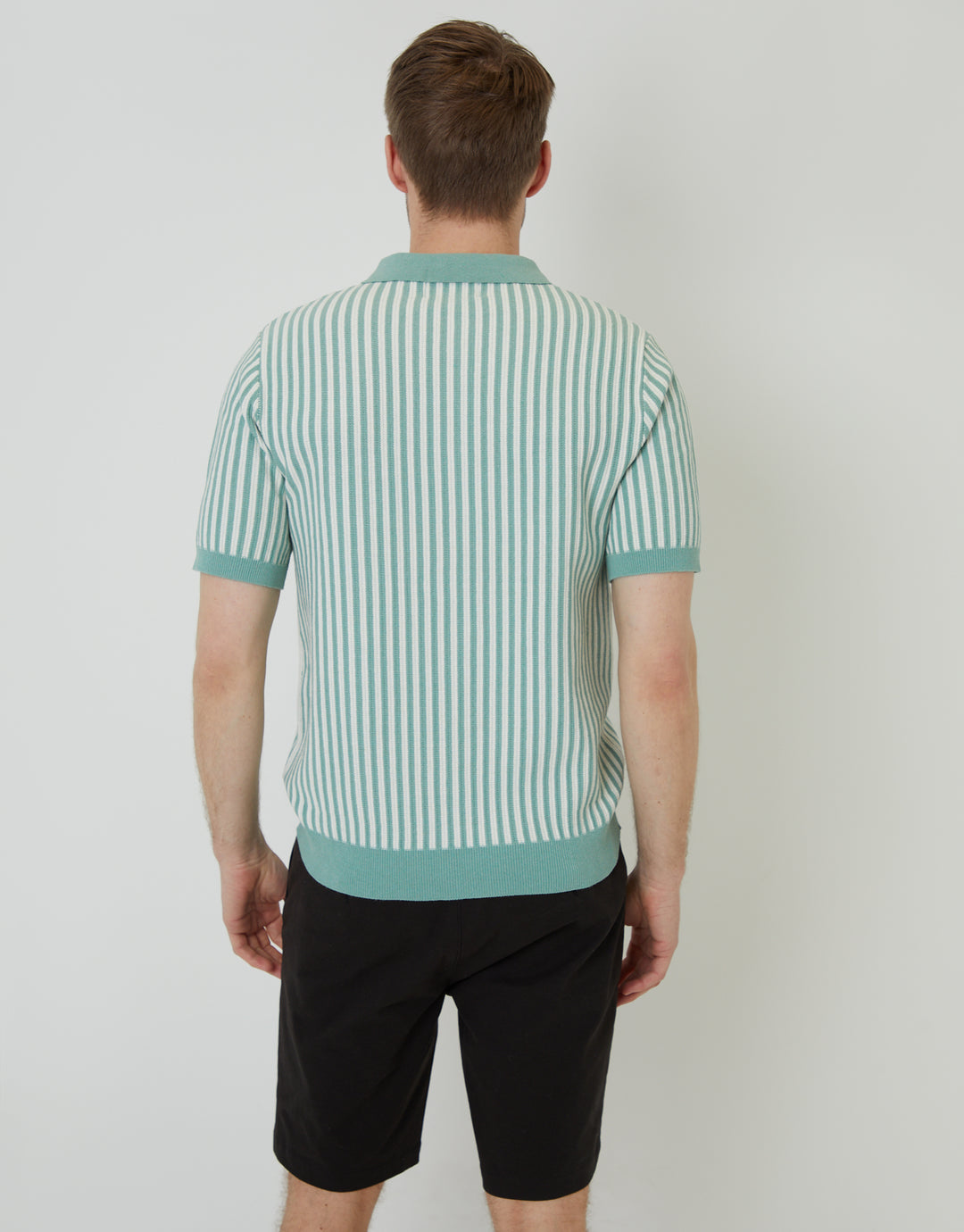 Sage Green Striped Textured Quarter Zip Knitted Polo