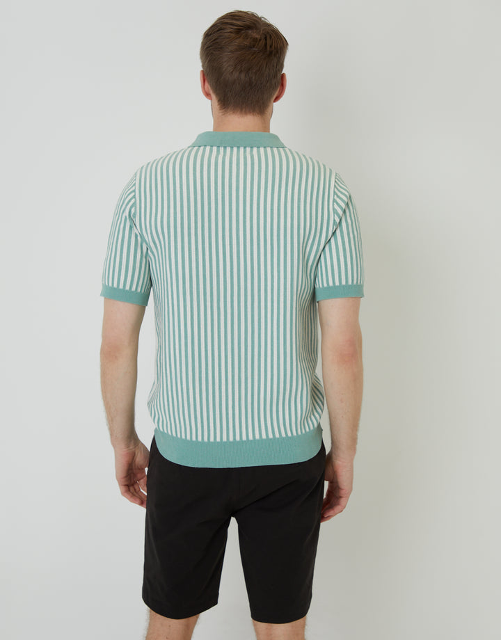 Sage Green Striped Textured Quarter Zip Knitted Polo