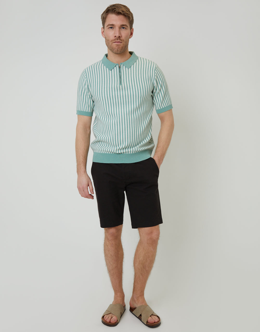 Sage Green Striped Textured Quarter Zip Knitted Polo