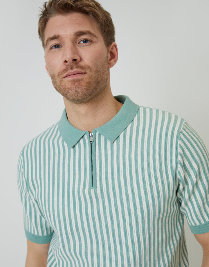 Sage Green Striped Textured Quarter Zip Knitted Polo