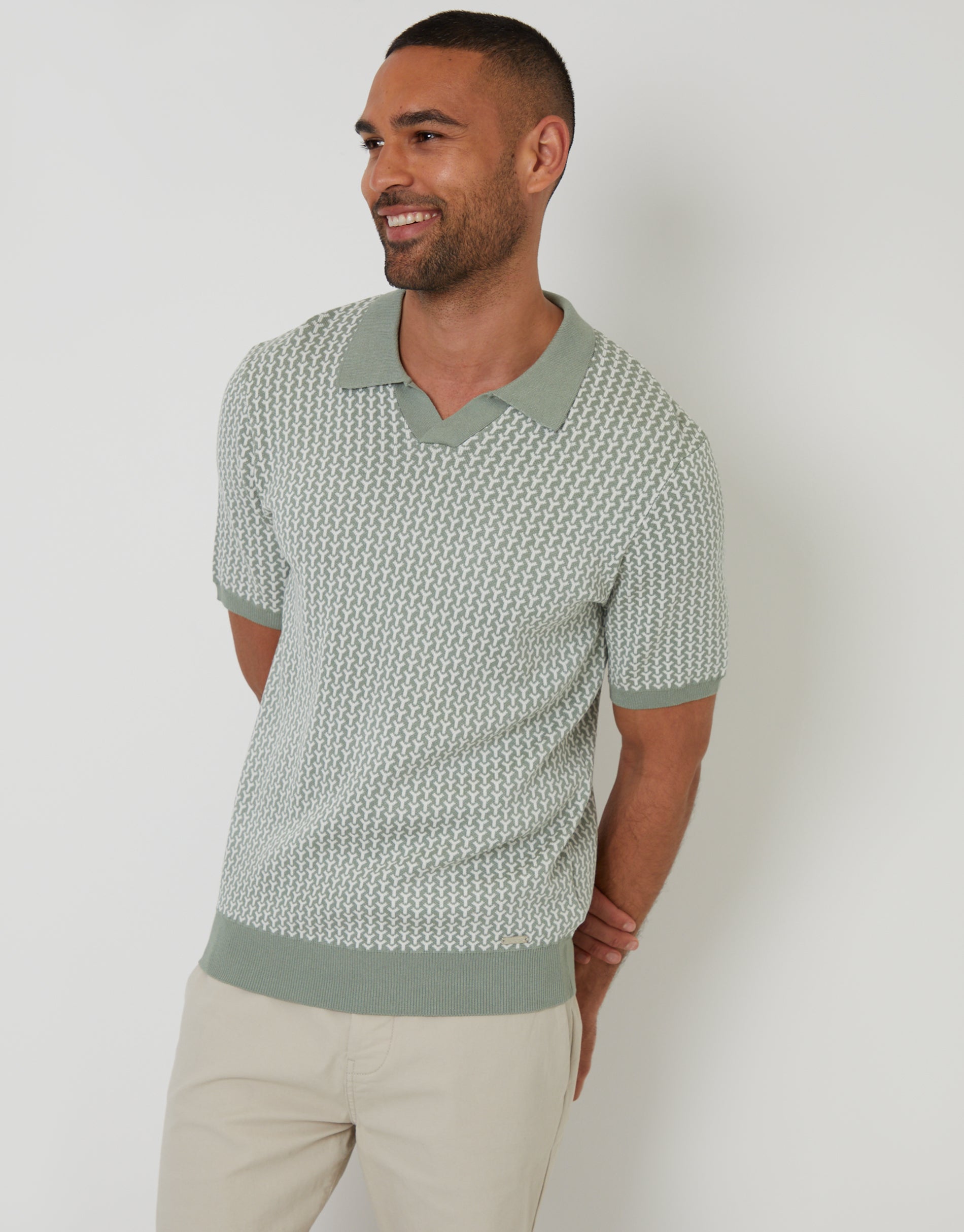トップス TROPHY CLOTHING Broad Stitch Knit Polo Threadbare Men's Sage Green Jacquard Geo Trophy Neck Knitted Polo