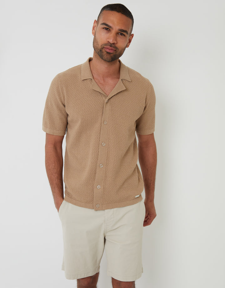 Brown Textured Revere Collar Knitted Shirt