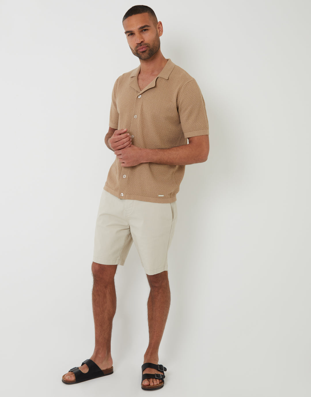 Brown Textured Revere Collar Knitted Shirt