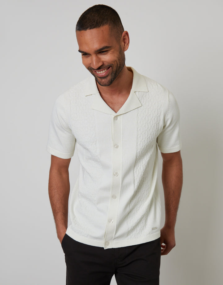 Ecru Textured Panel Revere Collar Knitted Shirt