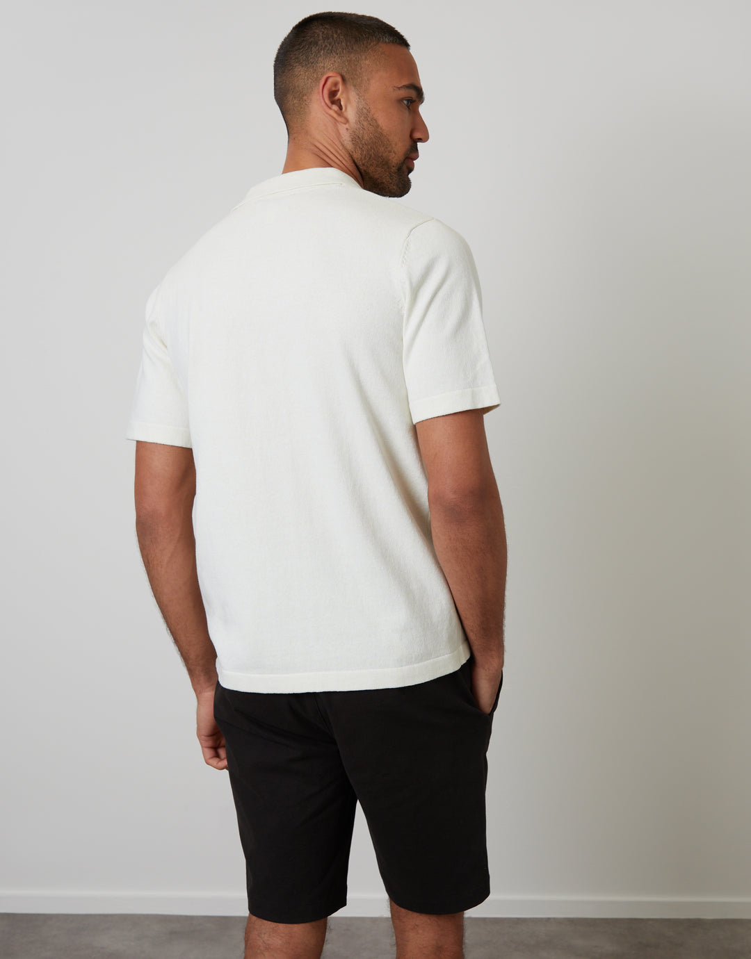 Ecru Textured Panel Revere Collar Knitted Shirt