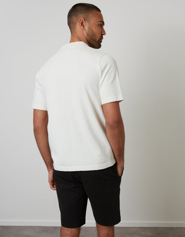 Ecru Textured Panel Revere Collar Knitted Shirt