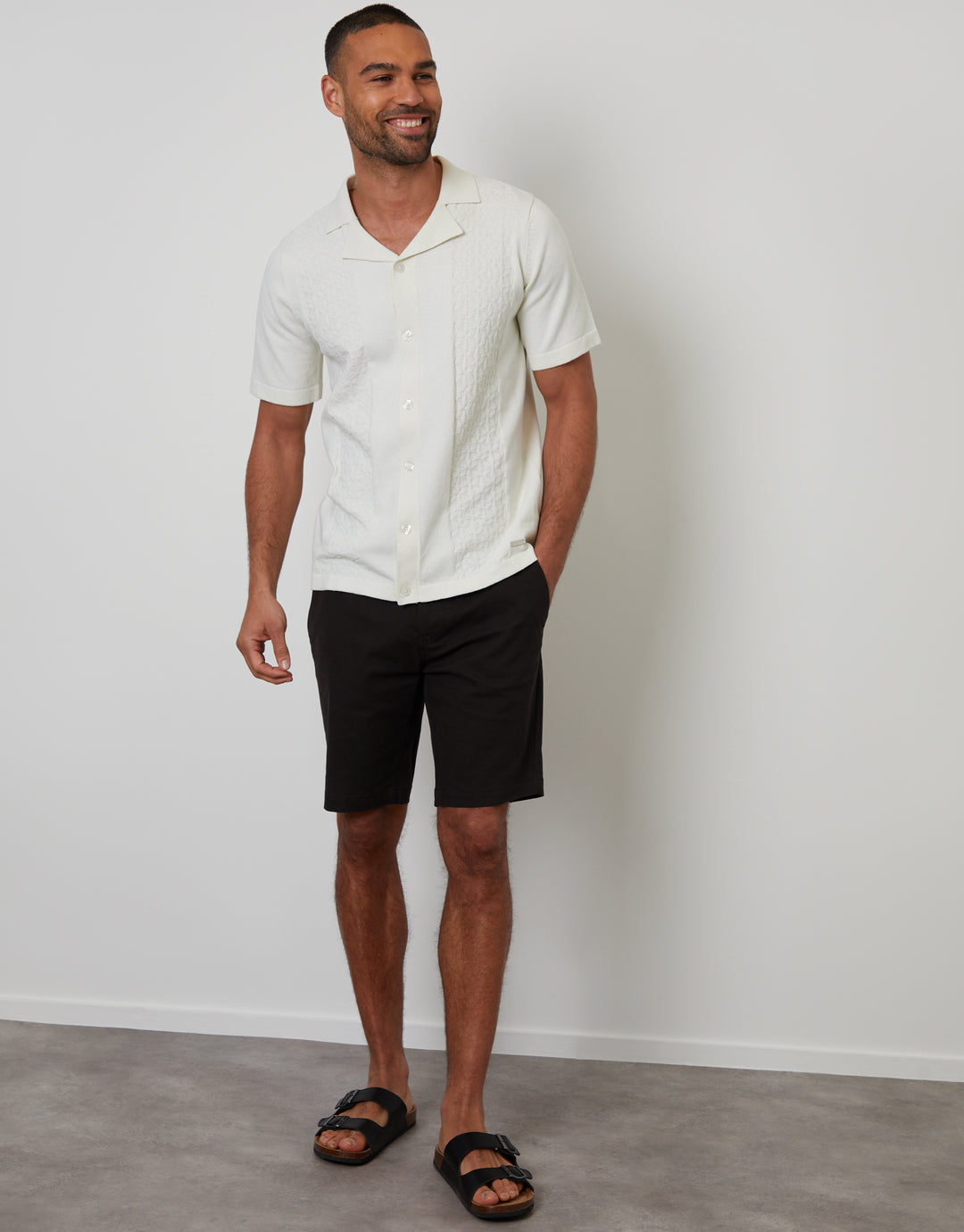 Ecru Textured Panel Revere Collar Knitted Shirt