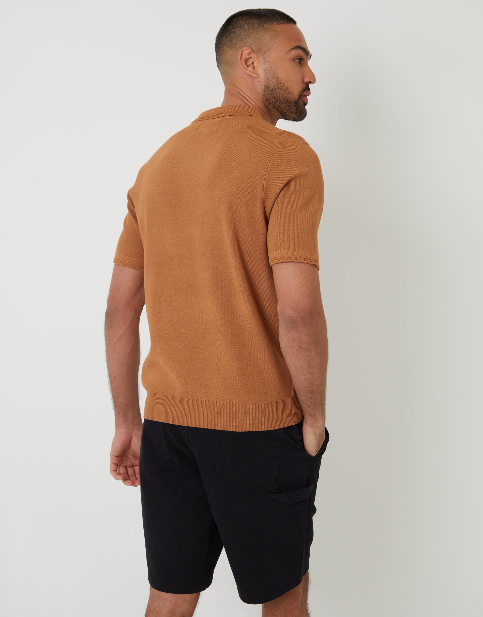 Threadbare Men's Brown Quarter Zip Textured Trim Knitted Polo
