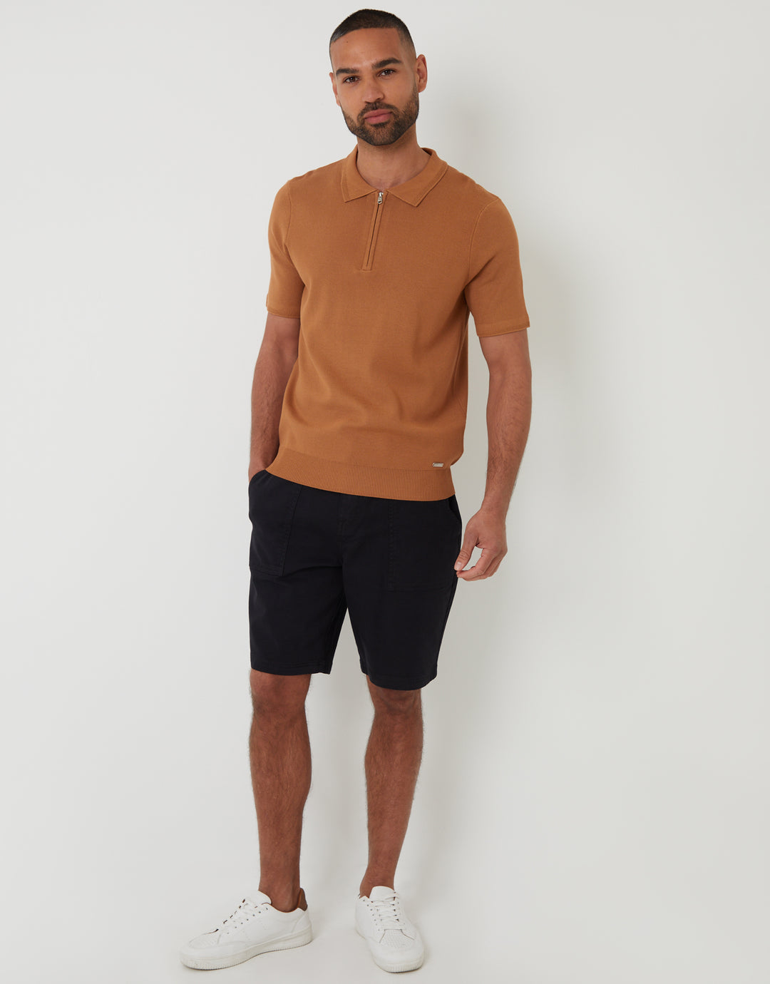 Brown Quarter Zip Textured Trim Knitted Polo