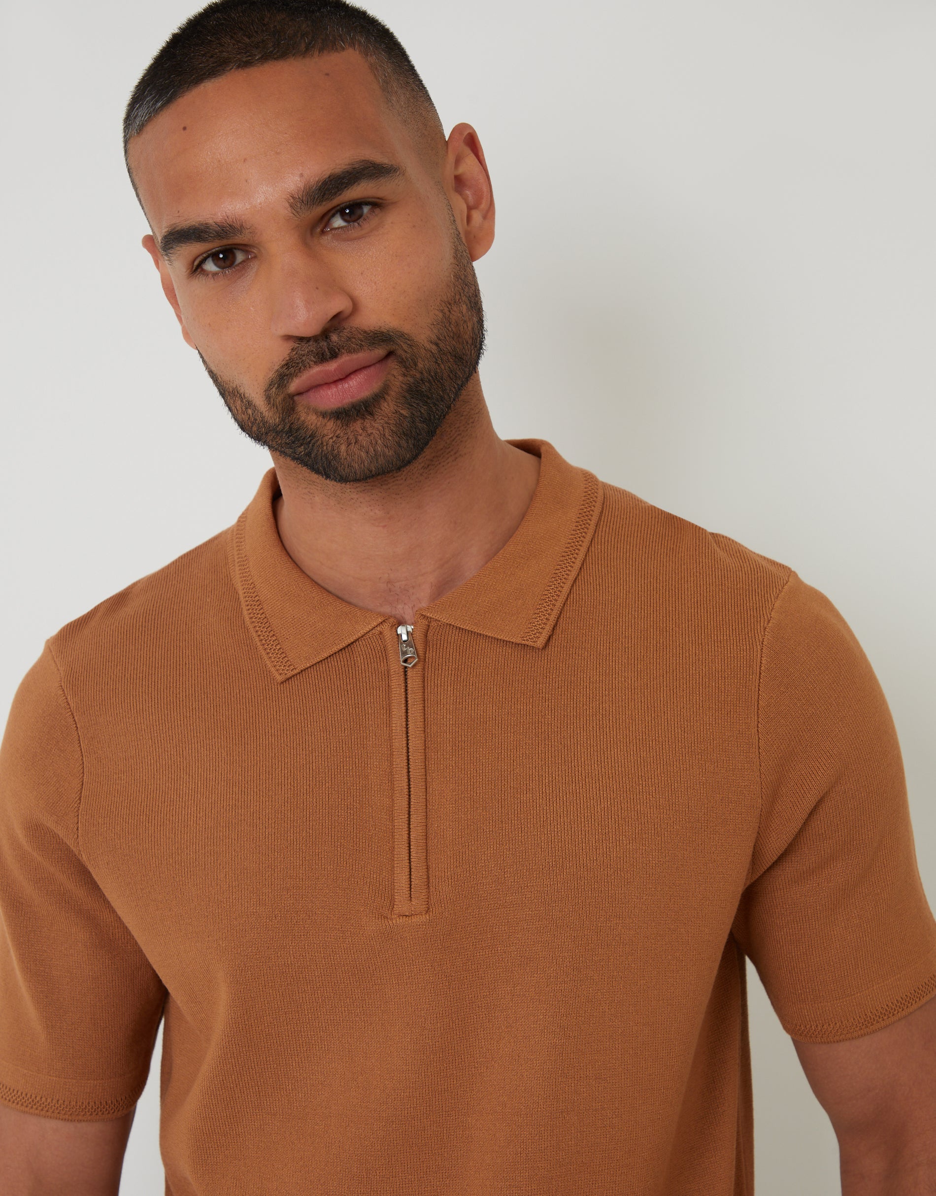 Threadbare Men's Brown Quarter Zip Textured Trim Knitted Polo
