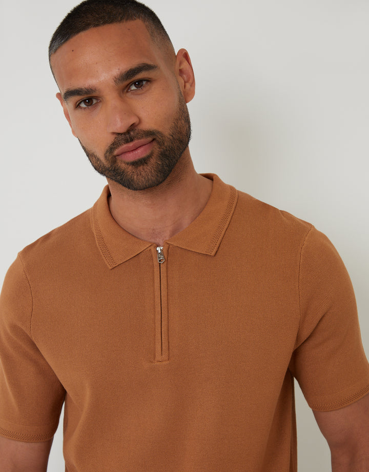 Brown Quarter Zip Textured Trim Knitted Polo