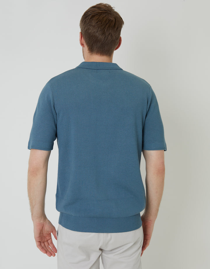 Blue Quarter Zip Textured Trim Knitted Polo