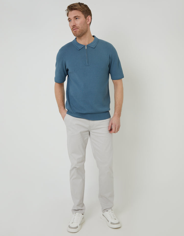 Blue Quarter Zip Textured Trim Knitted Polo