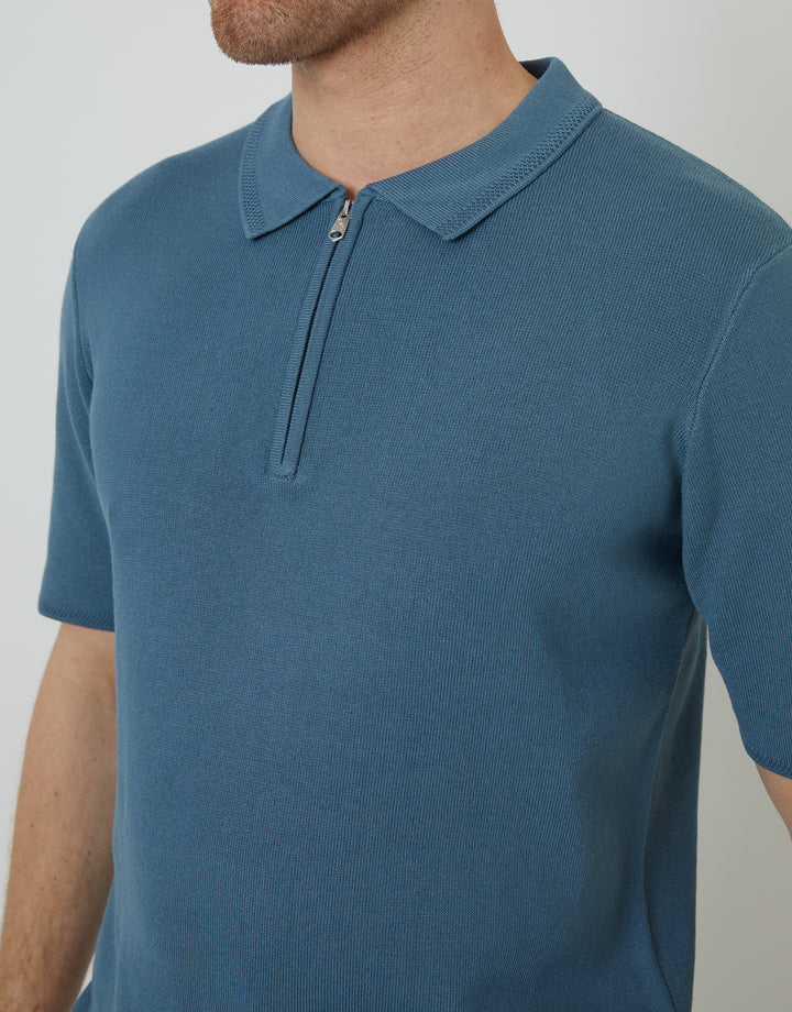 Blue Quarter Zip Textured Trim Knitted Polo