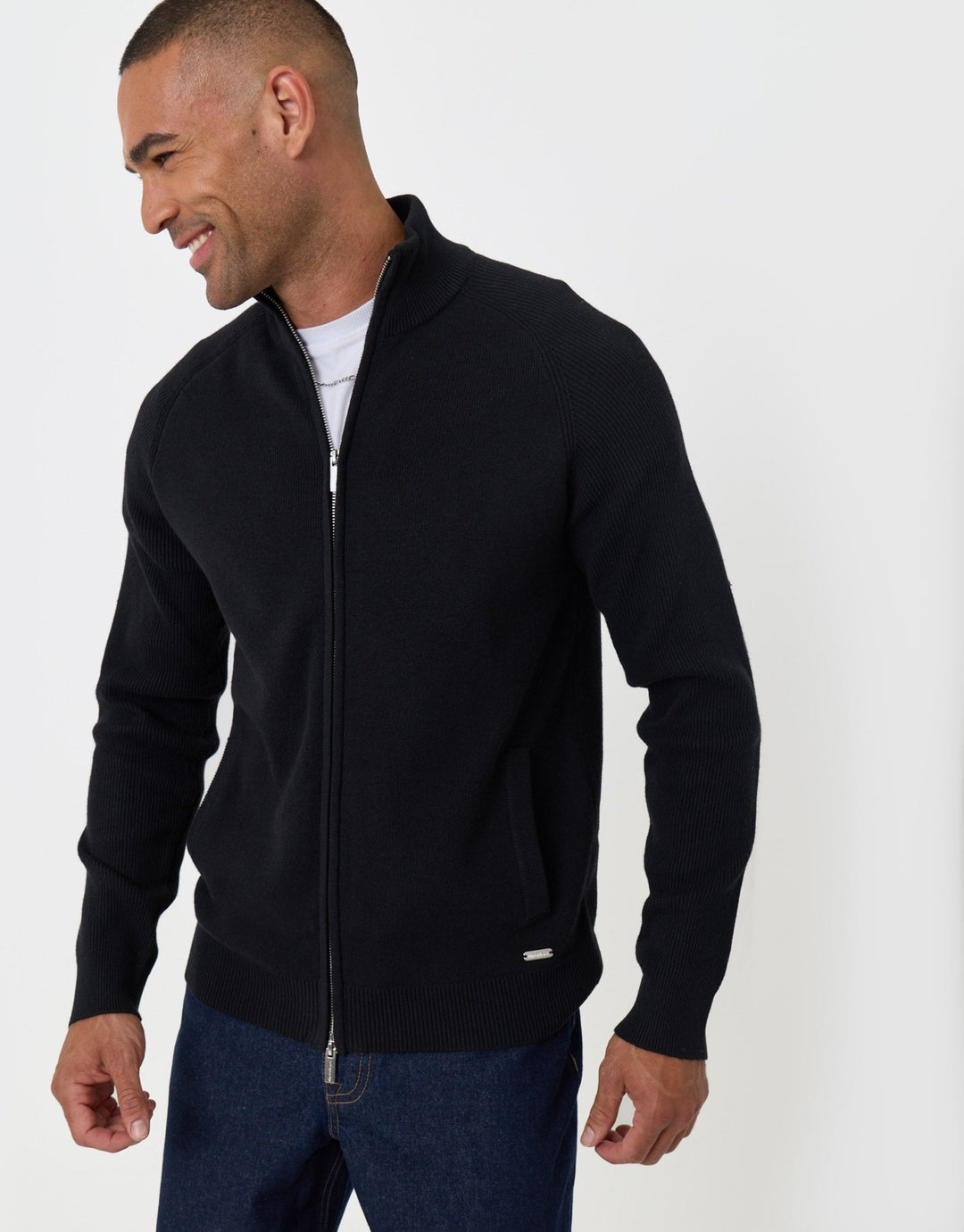 Threadbare Knitted Zip Up Funnel Neck Cardigan in Black - side view