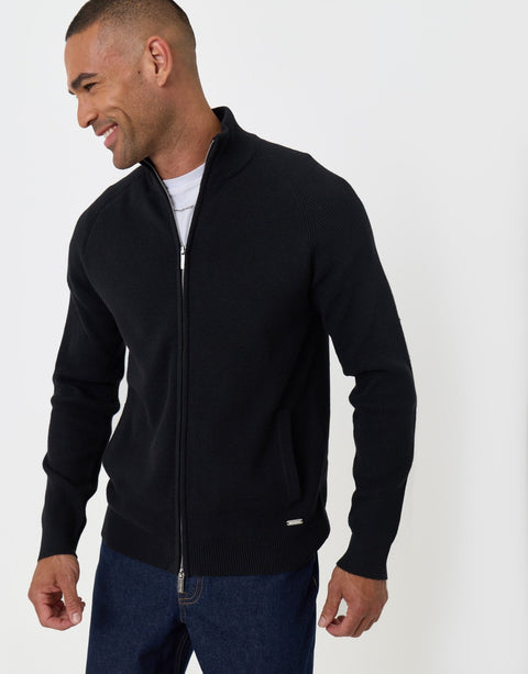 Threadbare Knitted Zip Up Funnel Neck Cardigan in Black - side view
