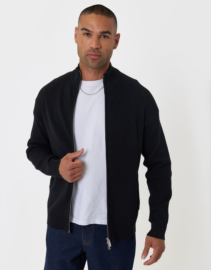 Threadbare Knitted Zip Up Funnel Neck Cardigan in Black - front view