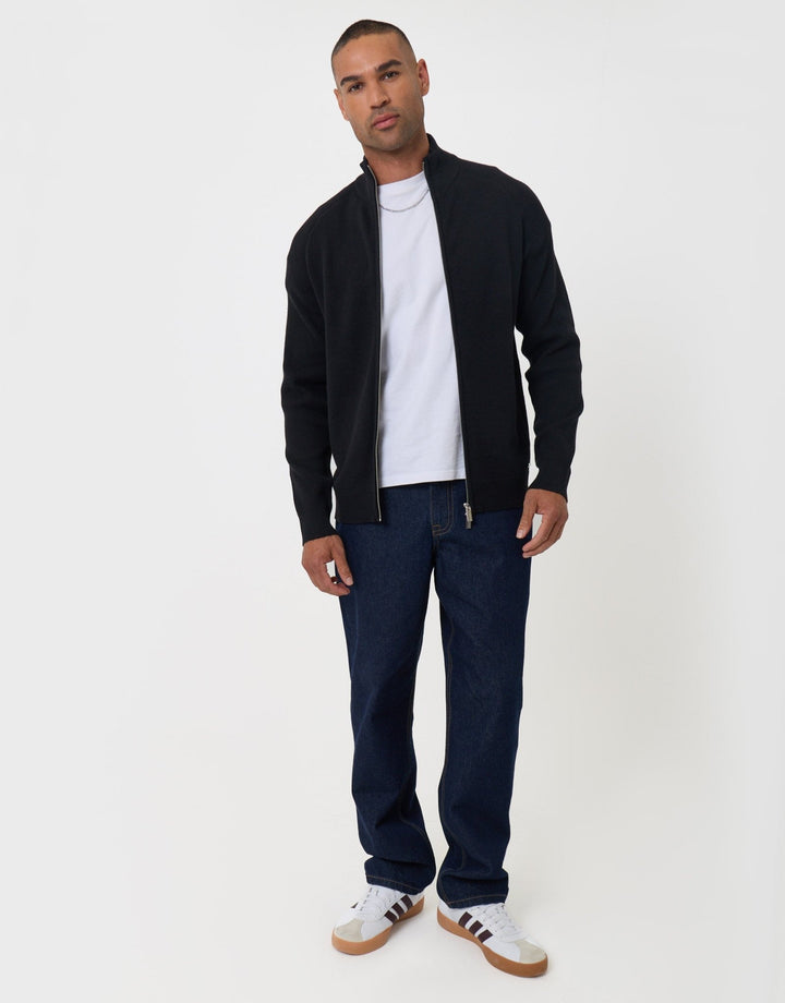 Threadbare Knitted Zip Up Funnel Neck Cardigan in Black - full body
