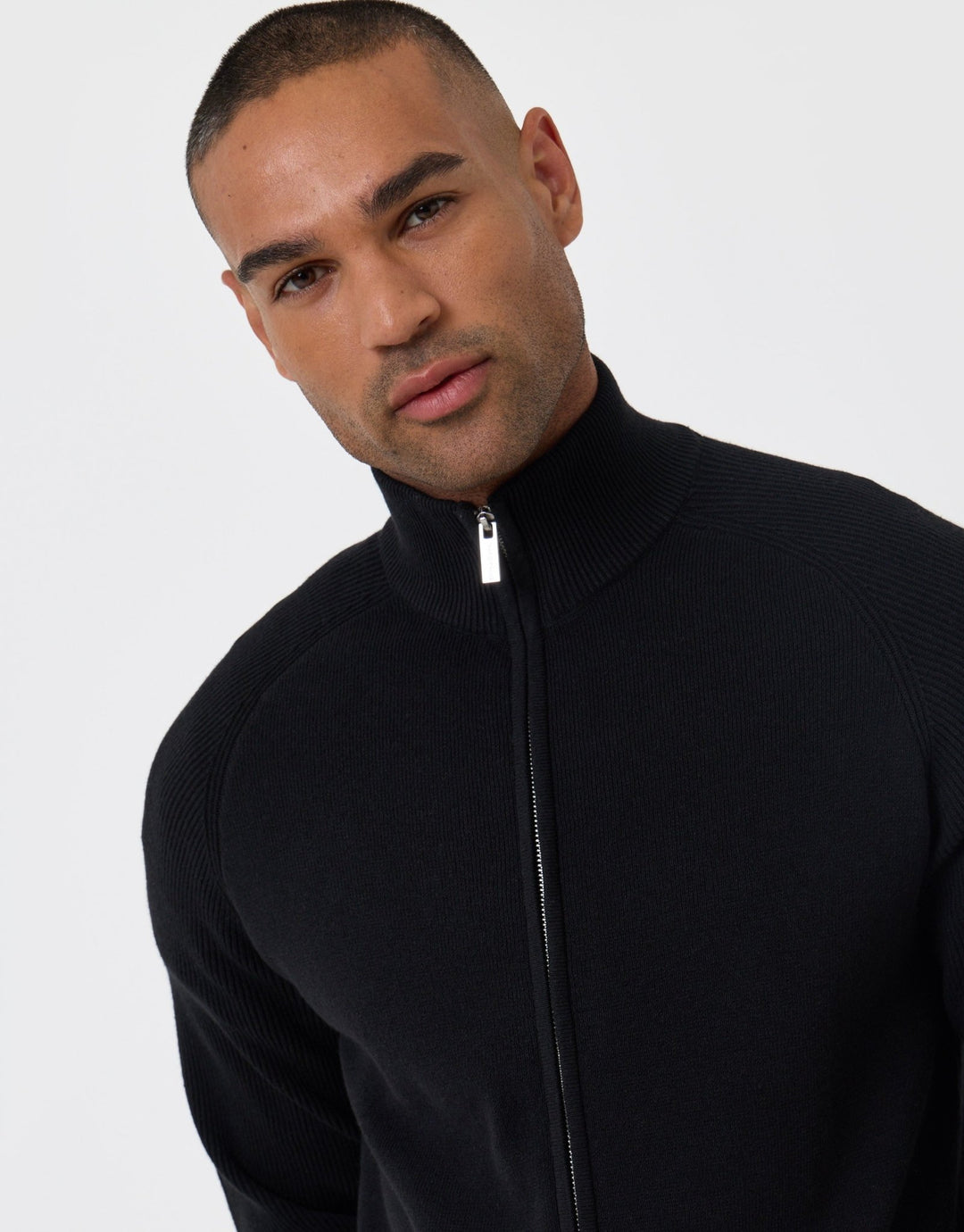 Threadbare Knitted Zip Up Funnel Neck Cardigan in Black - close up
