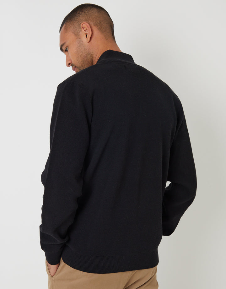 Black Knitted Zip Up Funnel Neck Cardigan