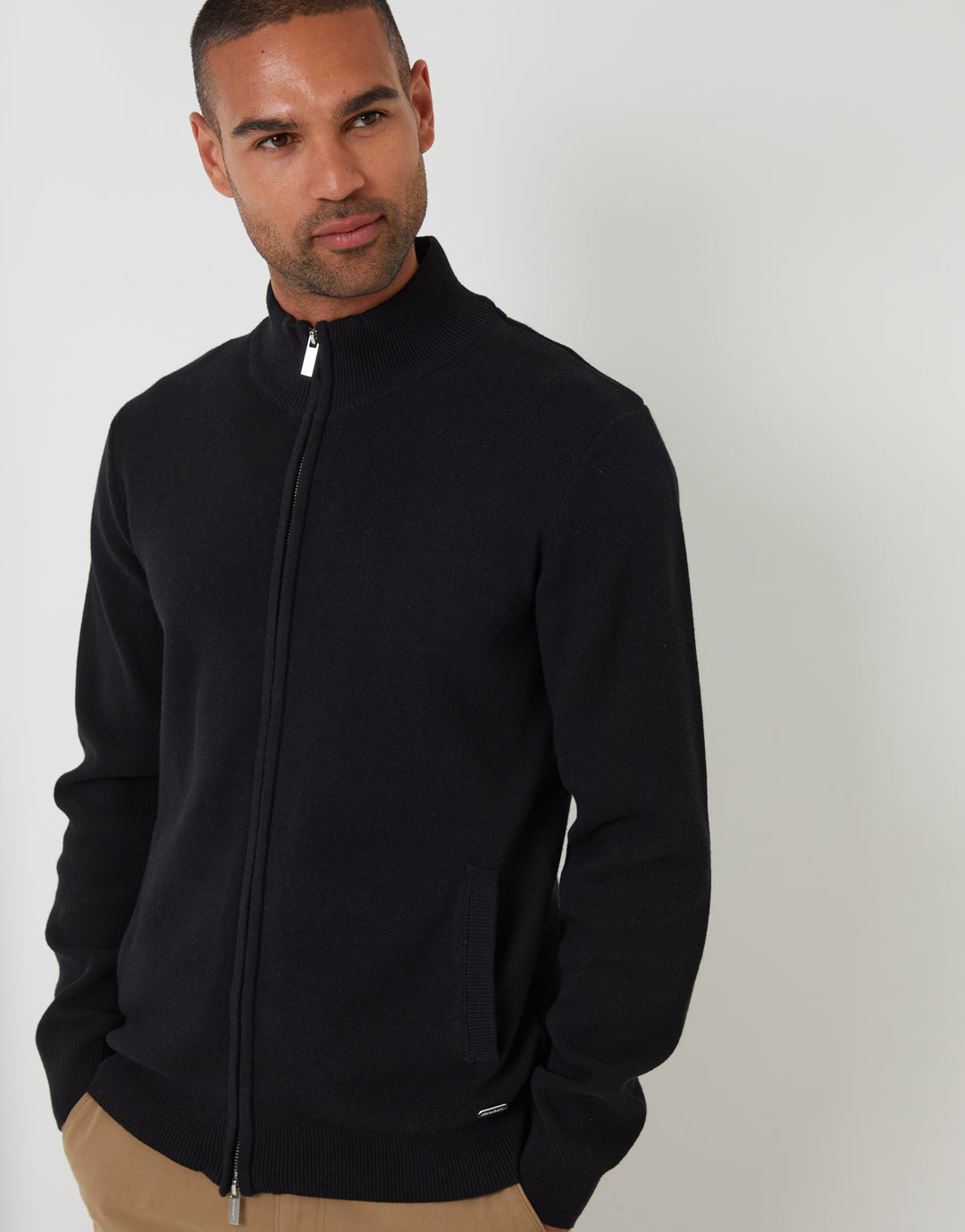 Black Knitted Zip Up Funnel Neck Cardigan