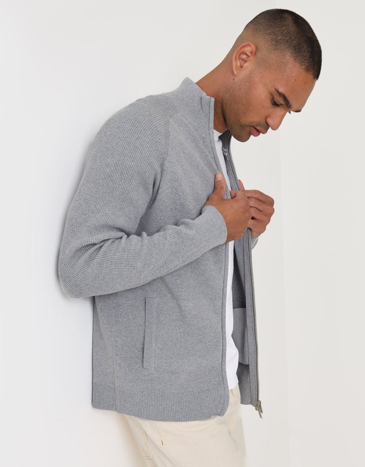 Threadbare Knitted Zip Up Funnel Neck Cardigan in Grey - front side view