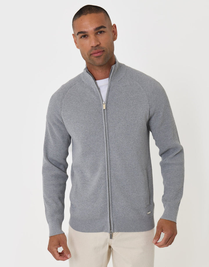 Threadbare Knitted Zip Up Funnel Neck Cardigan in Grey - front view