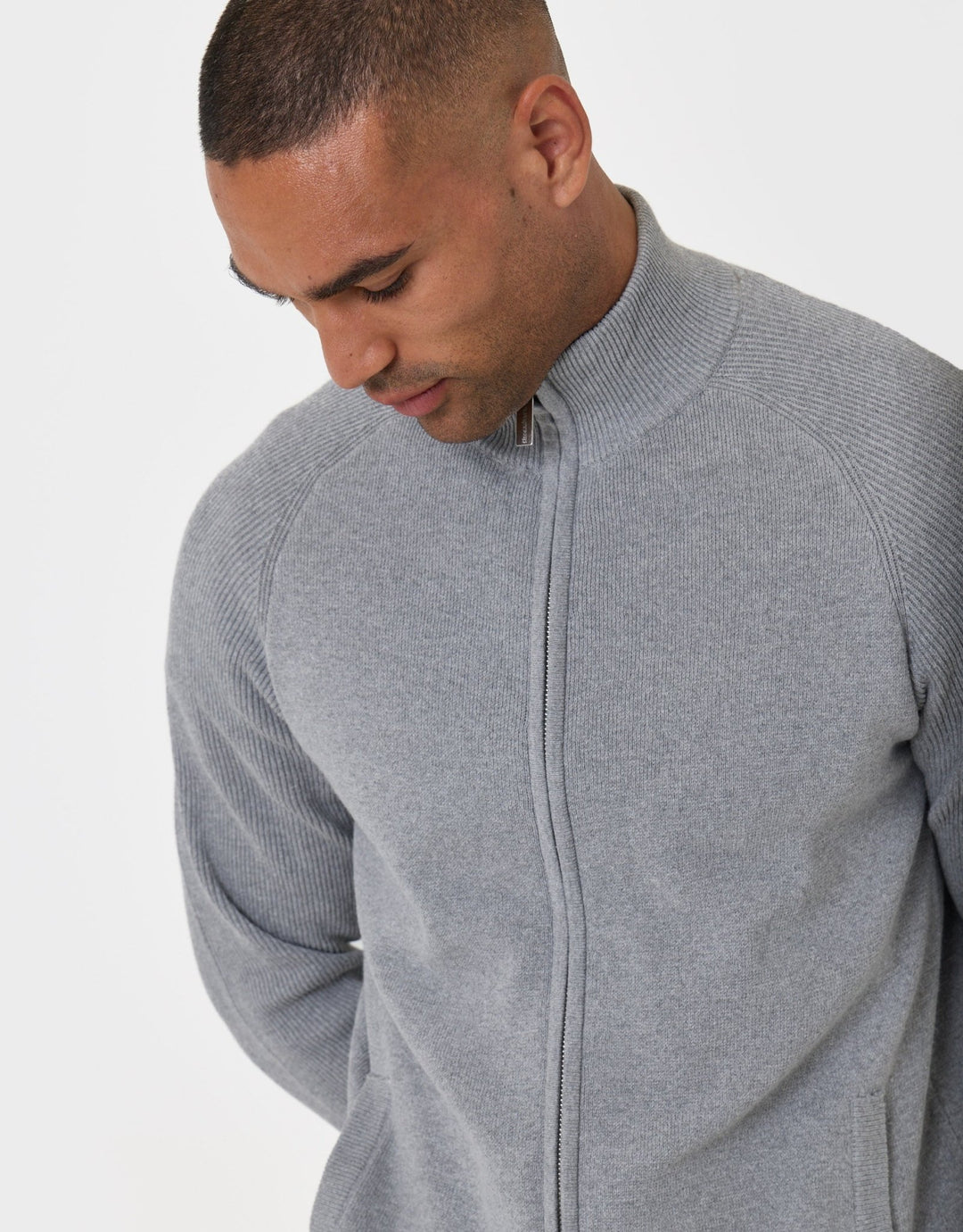 Threadbare Knitted Zip Up Funnel Neck Cardigan in Grey - close up