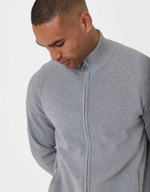 Threadbare Knitted Zip Up Funnel Neck Cardigan in Grey - close up