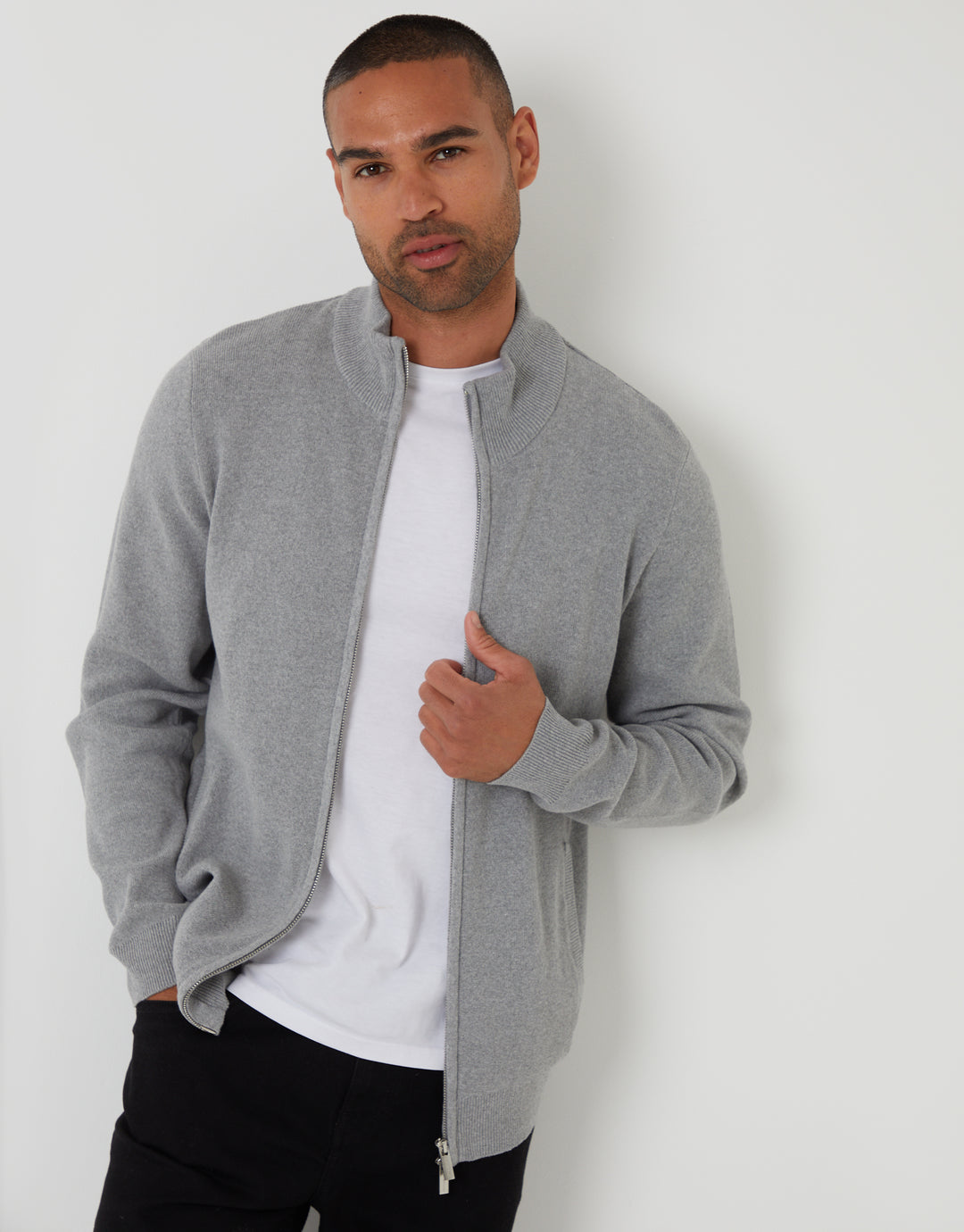 Grey Knitted Zip Up Funnel Neck Cardigan