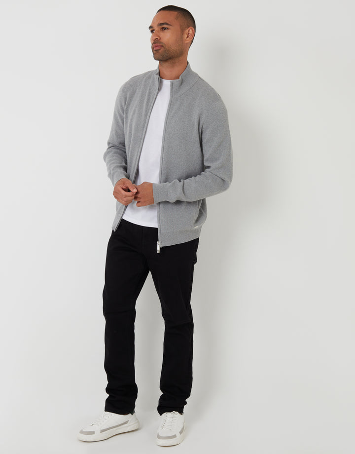 Grey Knitted Zip Up Funnel Neck Cardigan